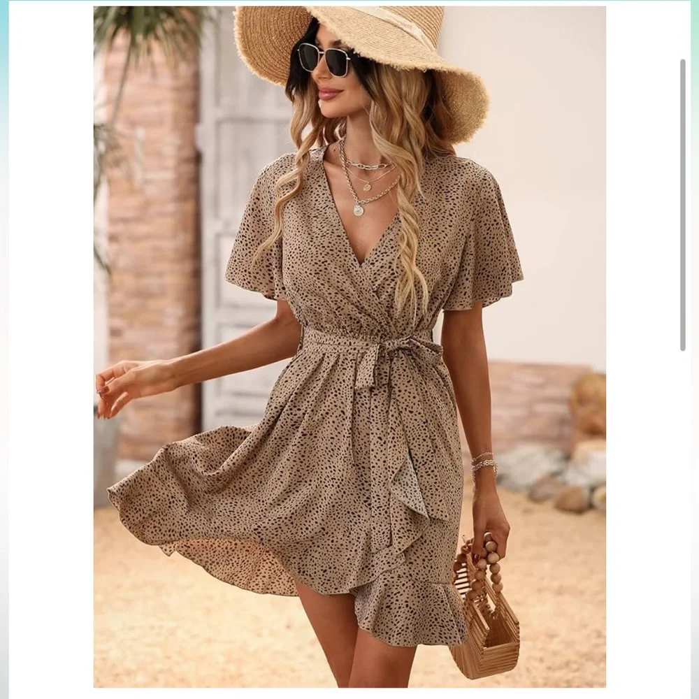 Elegant Brown Polka Dot Wrap Dress